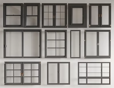 Casement Windows In Various Styles With Black Frames Grid Patterns And Glass Panels 3d model
