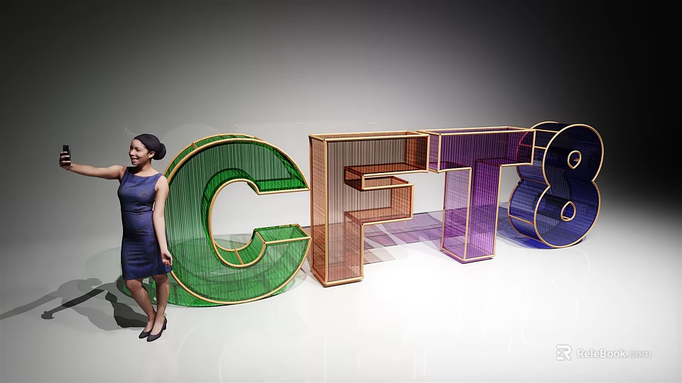 Woman Standing By Large Colorful C F T 8 Letters With Metal Frames 3d model 
