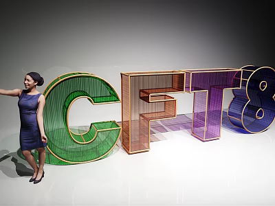Woman Standing By Large Colorful C F T 8 Letters With Metal Frames 3d model