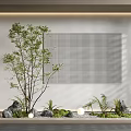 Elegant Interior Landscape With Leafy Plant Grid Wall Stones Small Lights And Low Plants