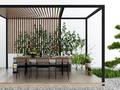 Modern Outdoor Pergola with Wooden Slats Black Frame Green Plants and Dining Furniture on Deck 3d model