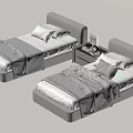 Modern Single Beds with Gray Headboards White Sheets and Bedside Tables Featuring Photo Frame 3d model