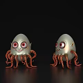 Two Cute Silver Octopuses With Red Tentacles And Big Eyes On Black Background