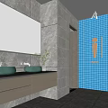 Public Restroom Interior With Gray Walls Blue Tiled Wall Double Sinks And Large Mirror