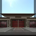 Chinese Style Entrance Gate With Carved Red Doors And Traditional Eave Design