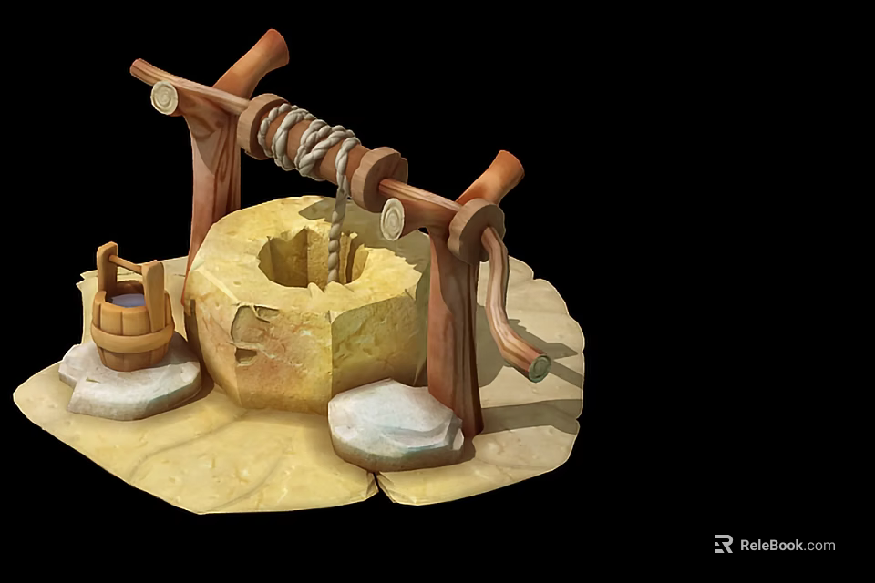 Traditional Well Structure With Stone Platform Wooden Bucket And Rope Poles 3d model 