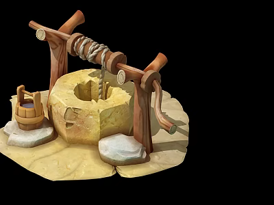 Traditional Well Structure With Stone Platform Wooden Bucket And Rope Poles 3d model