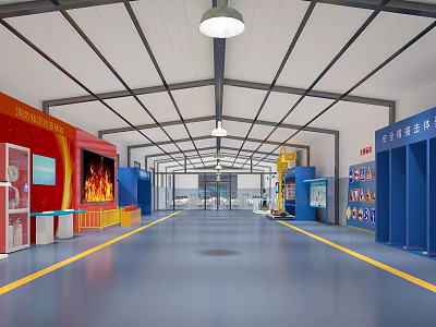 Industrial Workshop Interior With Red Blue Display Boards Yellow Lines And Steel Structure 3d model