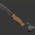Decorative Hunting Knife With Carved Blade Wooden Handle And Metal Sheath
