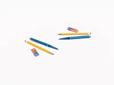 Colorful Blue And Yellow Pens With Erasers On White Background 3d model