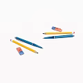 Colorful Blue And Yellow Pens With Erasers On White Background