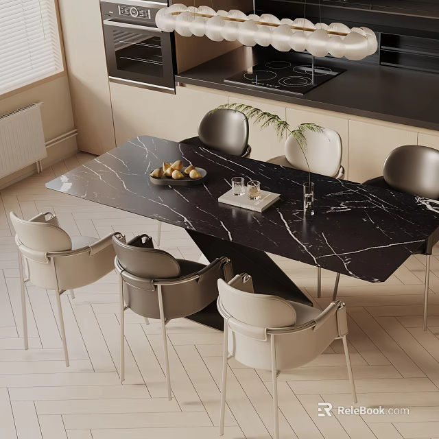 Modern Black Marble Dining Table Set With Six Chairs And Fruit Bowl In Kitchen Area 3d model 