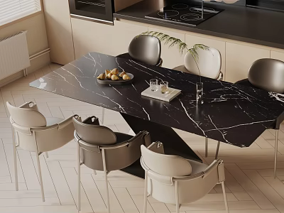 Modern Black Marble Dining Table Set With Six Chairs And Fruit Bowl In Kitchen Area 3d model