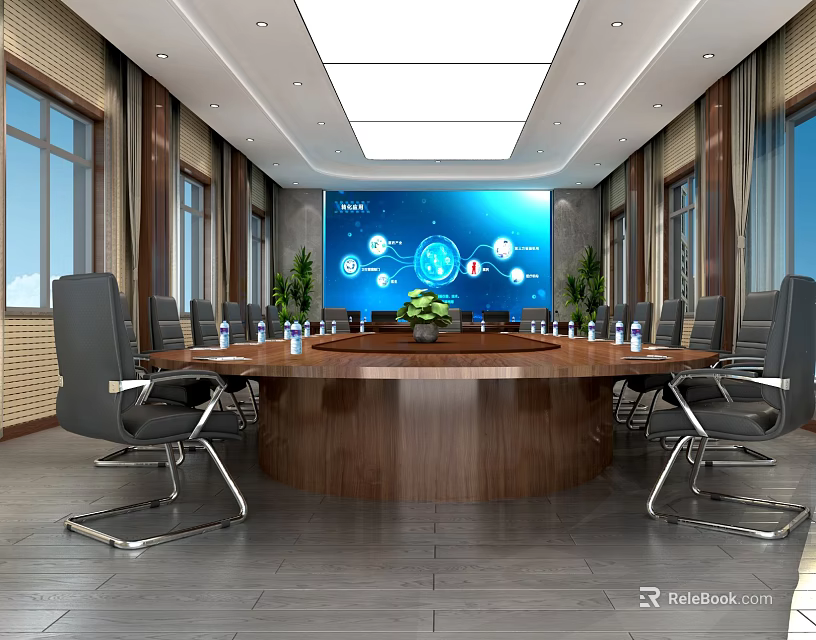 Modern Conference Room With Round Wooden Table Black Chairs Large Screen And Green Plants 3d model 