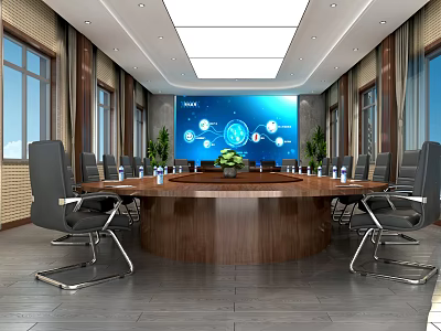Modern Conference Room With Round Wooden Table Black Chairs Large Screen And Green Plants 3d model