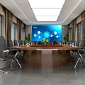 Modern Conference Room With Round Wooden Table Black Chairs Large Screen And Green Plants