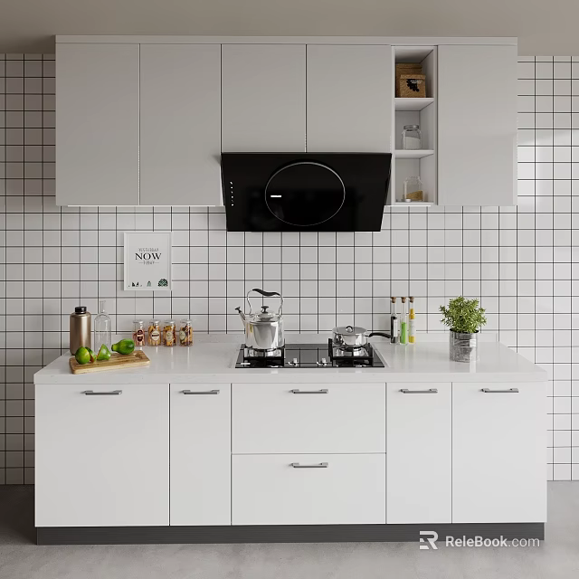 Modern Kitchen Interior With White Cabinets Tile Backsplash And Appliances 3d model