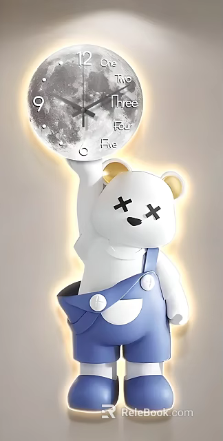 White Bear Shaped Wall Decor With X Eyes Yellow Ears Blue Overalls Holding Fire Moon 3d model 