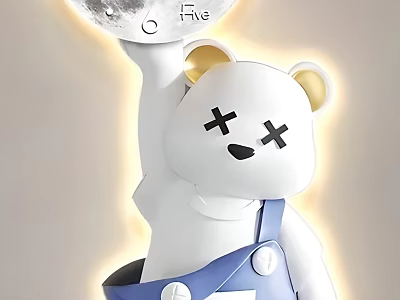 White Bear Shaped Wall Decor With X Eyes Yellow Ears Blue Overalls Holding Fire Moon 3d model
