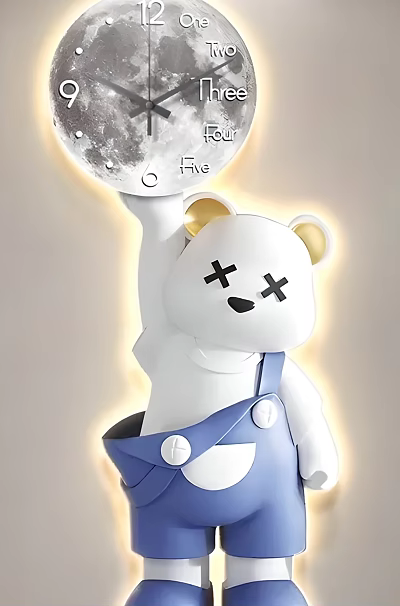 White Bear Shaped Wall Decor With X Eyes Yellow Ears Blue Overalls Holding Fire Moon 3d model