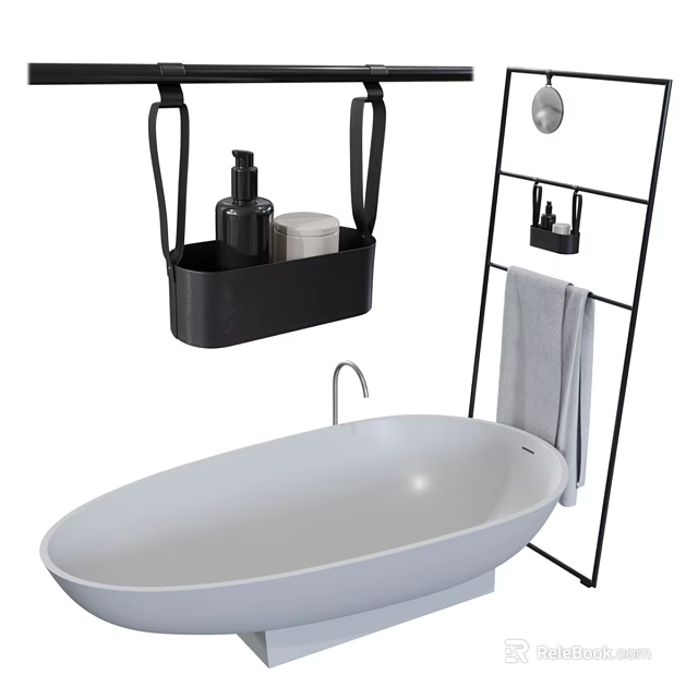 White Oval Free Standing Bathtub With Black Hanging Caddy Toiletries And Towel Rack 3d model 