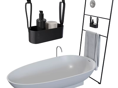 White Oval Free Standing Bathtub With Black Hanging Caddy Toiletries And Towel Rack 3d model