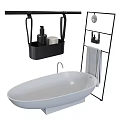 White Oval Free Standing Bathtub With Black Hanging Caddy Toiletries And Towel Rack