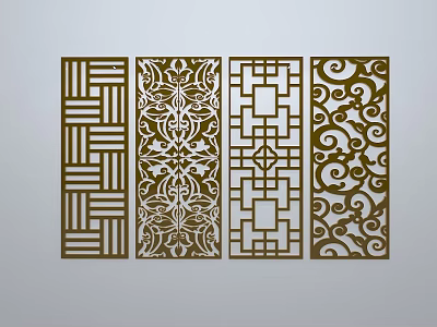 Carved Decorative Panels with Intricate Geometric Stripes Floral Motifs Chinese Lattice and Scroll Designs 3d model