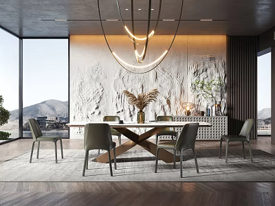 Modern Restaurant Interior With Large Windows Mountain Views Textured Wall Chandelier Dining Table And Chairs 3d model