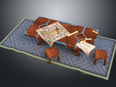 Wooden Table With Stools Set On Geometric Pattern Rug Featuring Ancient Map Scrolls 3d model