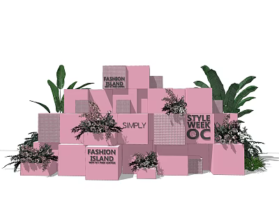 Stylish Fashion Display With Pink Cubes Brand Logos Green Plants And Flowers 3d model