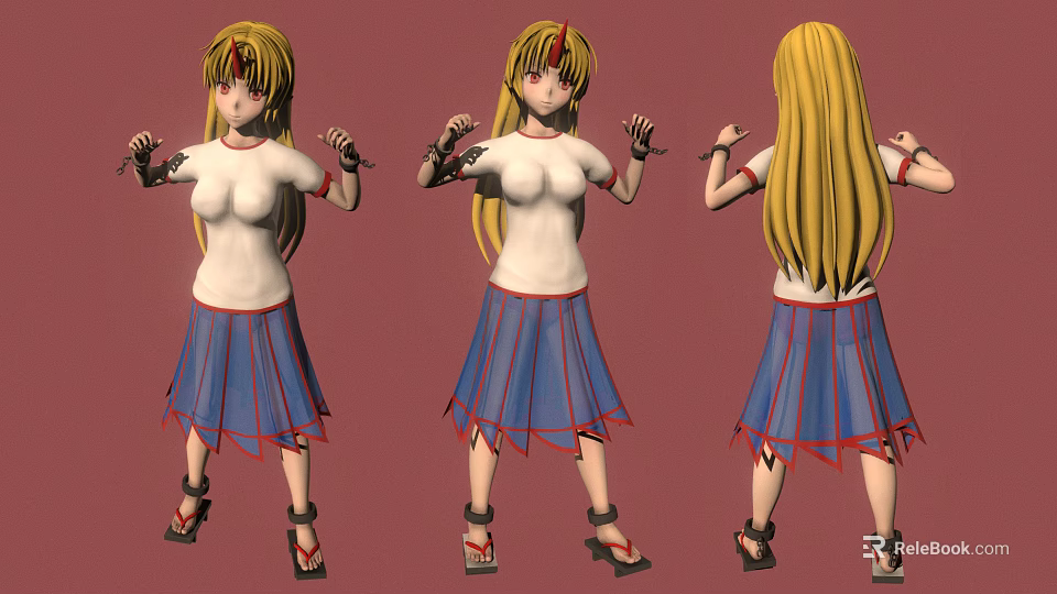 Anime Style 3D Female Character Multiple Angles With Blonde Hair Red Headband And Blue Skirt 3d model 