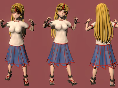 Anime Style 3D Female Character Multiple Angles With Blonde Hair Red Headband And Blue Skirt 3d model
