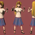 Anime Style 3D Female Character Multiple Angles With Blonde Hair Red Headband And Blue Skirt