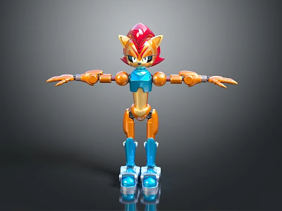 Hedgehog Inspired Robot Character With Red Head Orange Arms And Blue Mechanical Body Design 3d model