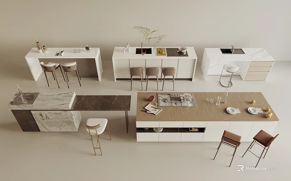 Modern Bar Counter Designs With White Marble And Wooden Tops And Metal Stools 3d model 
