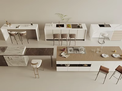 Modern Bar Counter Designs With White Marble And Wooden Tops And Metal Stools 3d model