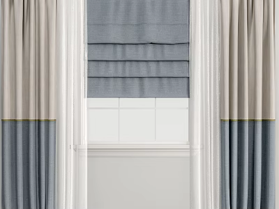 Gray Beige Curtains With Roman Shades And Trim For White Window Interior 3d model
