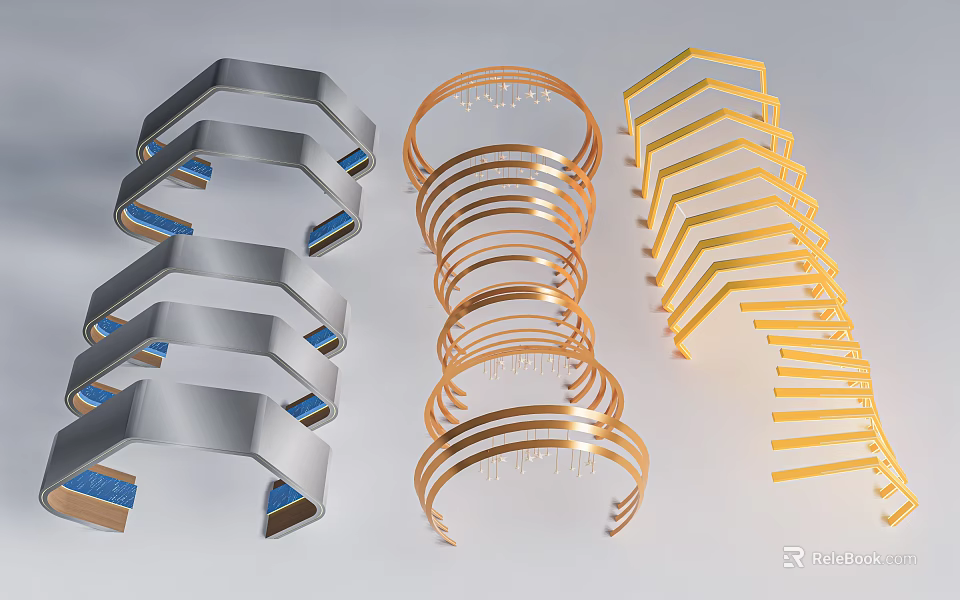 Gray Golden And Yellow Layered Pergola Structures With Ring Shaped And Decorative Designs 3d model 