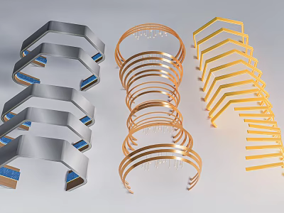 Gray Golden And Yellow Layered Pergola Structures With Ring Shaped And Decorative Designs 3d model