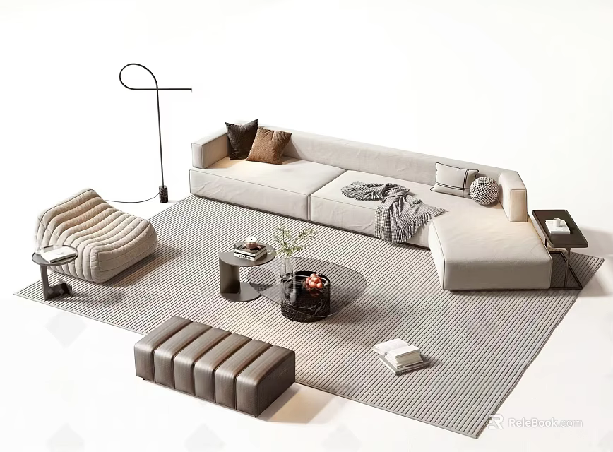 Beige L Shaped Sofa And Coffee Table With Throw Pillows Accent Chair And Floor Lamp 3d model 