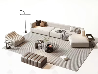 Beige L Shaped Sofa And Coffee Table With Throw Pillows Accent Chair And Floor Lamp 3d model