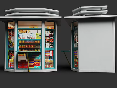 Compact Convenience Store Kiosk With Shelves Stocked Full Of Beverages Snacks And Magazines 3d model
