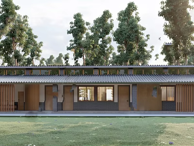 Traditional Rustic Guesthouse Building With Wooden Facade Tile Roof And Lush Tree Surroundings 3d model