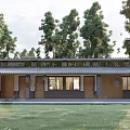 Traditional Rustic Guesthouse Building With Wooden Facade Tile Roof And Lush Tree Surroundings