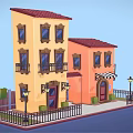 Cartoon Scene With Yellow Orange Buildings Red Roofs Pizza Shop Striped Awning And Street Lamp