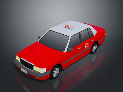 Red Taxi Sedan With TAXI Sign On Roof And Red Body Side Door Details 3d model