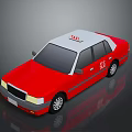 Red Taxi Sedan With TAXI Sign On Roof And Red Body Side Door Details