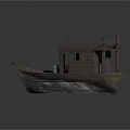 Wooden Boat With Small House Structure And White Bucket On Deck