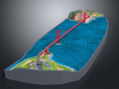 Modern Scene Displaying Golden Gate Bridge Model With Blue Water And Green Land 3d model